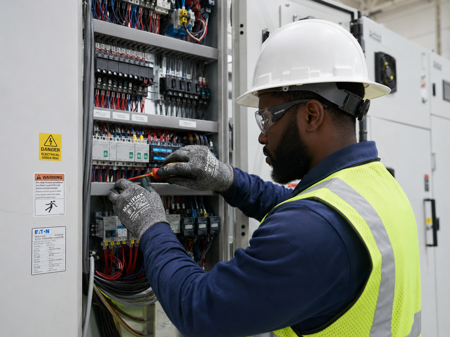 Electrical maintenance technician working on company equipment